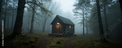 Cozy cabin illuminated at night in foggy forest  