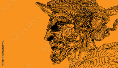 Profile of a mythical figure with flowing hair, black ink illustration on orange background
