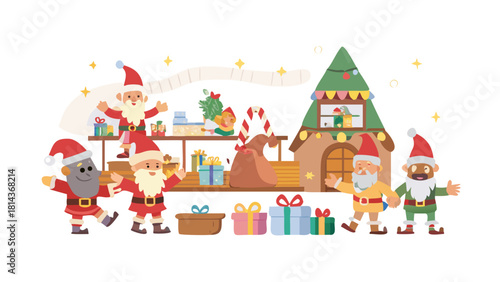 Cartoon Santa’s workshop filled with toy-making elf characters