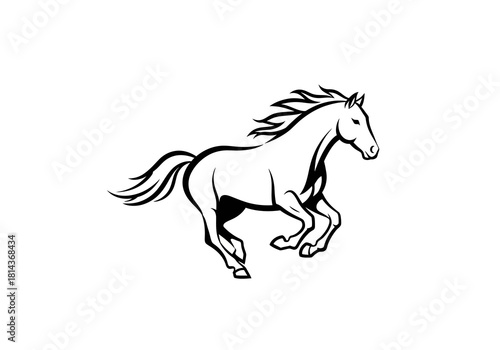 Black and White Illustration of a Galloping Horse with Flowing Mane