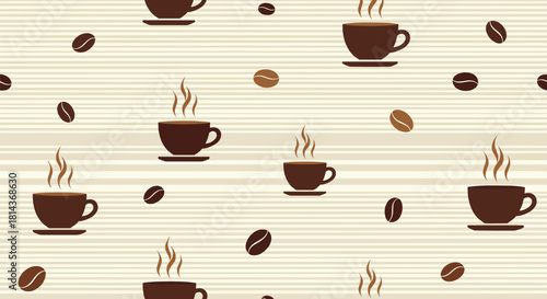 A seamless pattern featuring dark brown coffee cups with steam on a light brown striped background.
