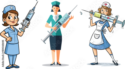Cartoon nurses holding large medical syringes, funny healthcare illustration concept for vaccination, hospital treatment, nurse character design, and medicine.