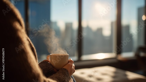 冬の朝、窓際でニットセーターを着た手が湯気の立つコーヒーのマグカップを持つ写真