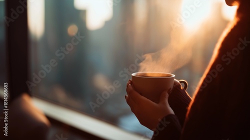 秋の朝、窓際で温かいコーヒーの湯気が立ち上るマグカップを手に持つ飲み物の写真