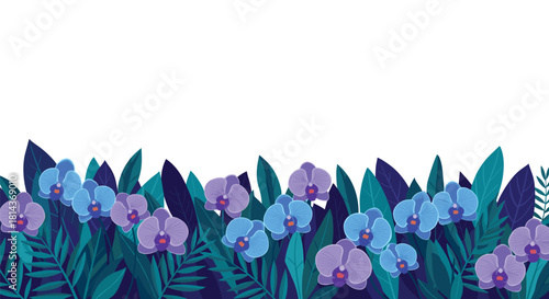 Tropical orchids and lush green foliage create a vibrant floral border with a white background.