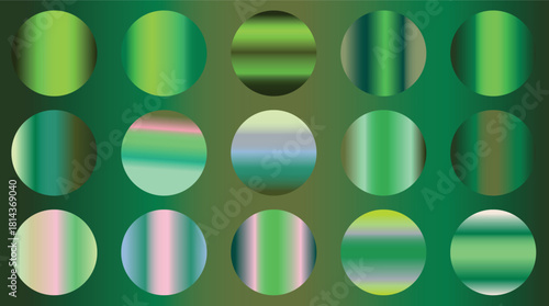 Green Color Gradient Collection of Swatches. Set of green gradients made for your project. Glossy shiny nature green gradient. Vector set for frame, ribbon, border, other design . 