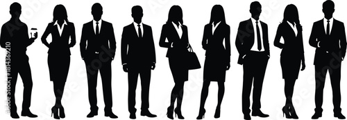 Professional business people silhouette group wearing formal office attire, corporate team standing poses in black vector design for workplace themes