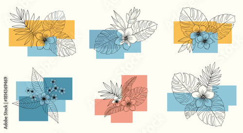 Minimalist line art of tropical flowers and leaves on abstract colored blocks.