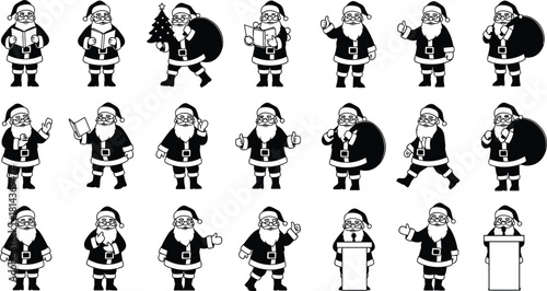 Santa Claus character set, festive poses, Christmas icons, holiday illustrations, black and white, vintage style, seasonal clipart, cheerful expressions