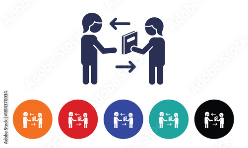 Book Exchange and Knowledge Sharing Icon Set. People Passing Book with Arrows, Information Transfer, and Library Concepts in Various Colors.