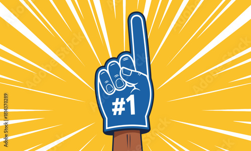 Number One Foam Finger Raised Up. Cartoon Hand Sign of Success, Victory, Best Rank, and First Place on Yellow Comic Background.
