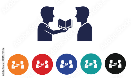 Book Handover and Education Icon Set. Two Men Exchanging Open Book Silhouettes, Knowledge Transfer and Learning Concept Icons in Various Colors.