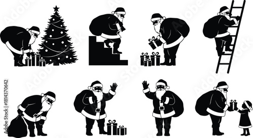 Santa Claus silhouette icon set featuring gift delivery poses, Christmas tree, presents, festive holiday graphics, perfect seasonal decoration design