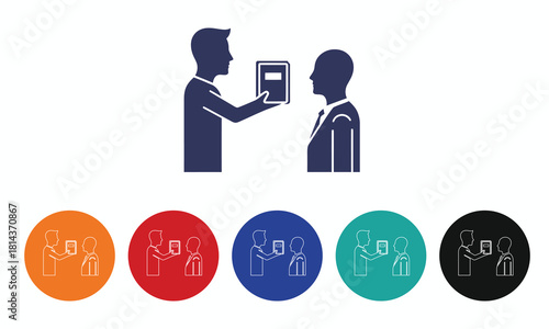 Book Handover and Transaction Icon Set. Man Giving Book to Another Person, Knowledge Transfer, Education, or Deal Concept Icons in Various Colors.