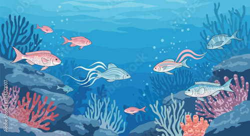 A vibrant underwater scene teeming with colorful fish and coral reefs in clear blue water.