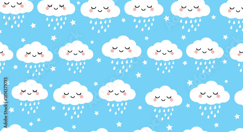 Cute cartoon clouds raining with happy faces and stars on a blue background.