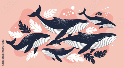 A group of whales swims gracefully through a sea of abstract shapes and leaves.