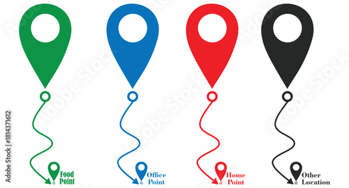 set of map pin icons. location marker collection. point map with home, work, restaurant address icon. gps vector symbol on transparent background.