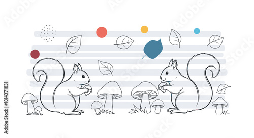 Cute hand-drawn line art of two squirrels with acorns, mushrooms, and falling leaves on a striped background.