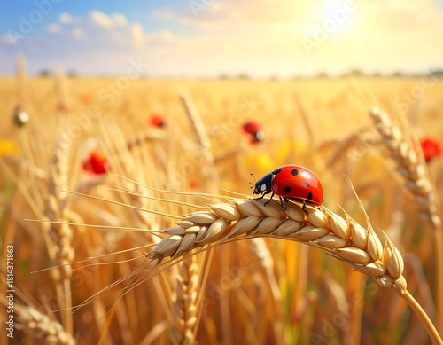 Ladybug resting on a wheat stalk in golden wheat field during a sunny day