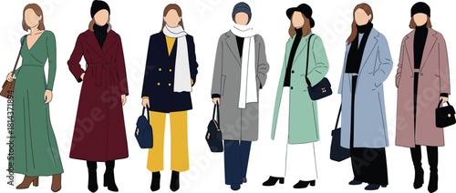 Stylish women fashion illustration wearing winter coats, scarves, handbags and modern outfits in minimal flat vector style for seasonal design