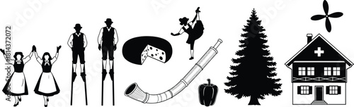 Traditional folk culture silhouettes featuring dancers, stilt walkers, cheese, alphorn, tree, house and regional symbols in black vector illustration