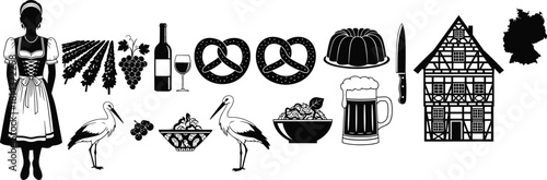 Traditional German culture icons with pretzels, beer mug, wine, grapes, dirndl woman, storks, farmhouse, and map silhouette, perfect heritage illustration