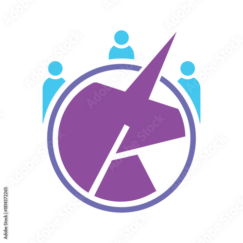 Purple Unicorn Logo with blue people icons and circular frame 