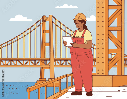 Clean flat illustration of a female construction worker / civil engineer in hard hat and overalls using a tablet while inspecting a steel suspension bridge over water. 