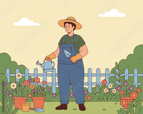 Minimal flat vector of a gardener in overalls and straw hat watering a blooming flowerbed with a watering can. Backyard fence, pots, tools and bushes create a friendly spring–summer garden scene.