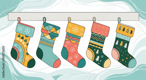 Festive christmas stockings hanging on a mantelpiece with unique patterns and decorations displayed nicely