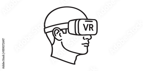Man head with VR glasses line icon, virtual reality concept. Vector graphics. Guy involved in augmented metaverse, boy sign on white background, style icon mobile or web design