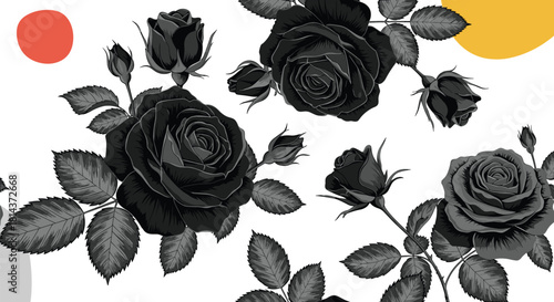 Seamless pattern of black roses with leaves and abstract colorful circles on a white background.