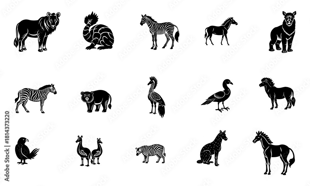 Fototapeta premium Set of Farm and Wild Animal Silhouettes in Black Vector Icons.