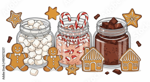 Illustration of three jars filled with marshmallows candy canes and chocolate with gingerbread cookies