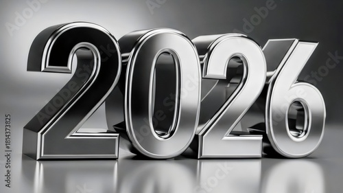 The year 2026 in a reflective metallic 3D render, symbolizing the future and upcoming events