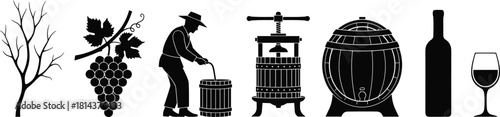 Winemaking silhouette collection showing grapevine, wine press, farmer, wooden barrel, bottle and glass in detailed black vector illustration