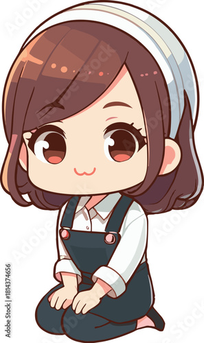 白のバンダナにオーバーオールの掃除の女性のイラスト