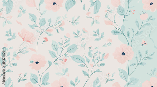 Delicate floral pattern design featuring soft pink flowers and green leaves on a light background