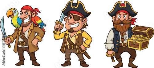 Cartoon pirate characters with sword, treasure chest, parrot companion, eyepatch, and pirate hat illustration for adventure, fantasy, storytelling design.