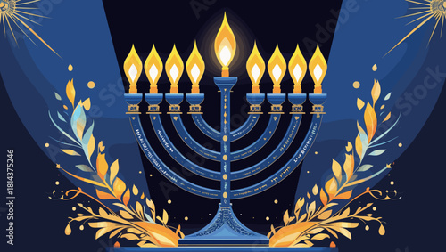 Traditional menorah with lit candles and decorative elements for Hanukkah celebration