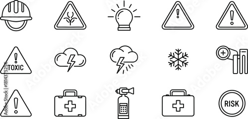 A collection of thin line icons representing safety, hazard warnings, risk management, and emergency symbols 03