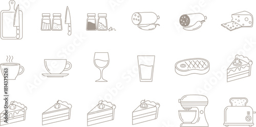 Line art of a variety of food and drink items for use in culinary designs