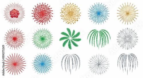 Collection of colorful burst designs including floral star and fountain shapes on a white background