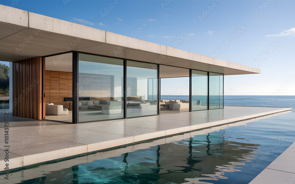 Obraz premium Luxury hotel building exterior with an empty swimming pool and a glass balcony