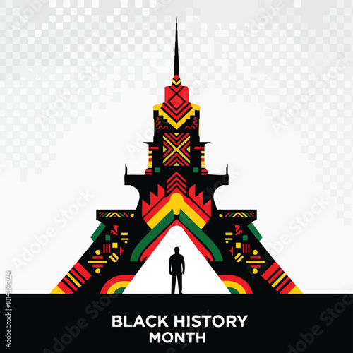 A powerful vector illustration celebrating Black History Month, featuring a figure standing before a monument adorned with vibrant African patterns and colors.