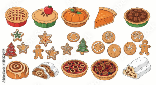 Illustration of various pies and cookies including apple pumpkin pecan and mince pies and gingerbread cookies