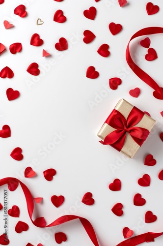 Beautiful Gift Box With Red Ribbon Among Heart Shapes for Romantic Occasion