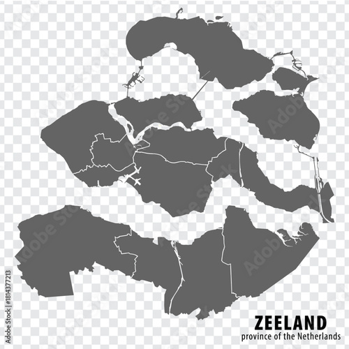 Blank map Province Zeeland of Netherlands. High quality map Zeeland with municipalities on transparent background for your web site design, logo, app, UI.  EPS10.