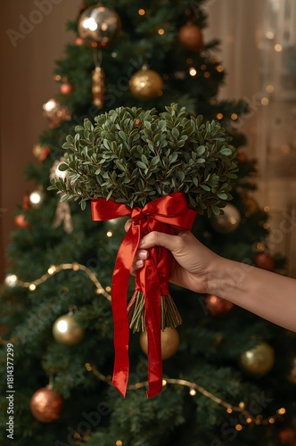 Festive Hand Holding a Greenery Bouquet With Ribbon in Front of Christmas Tree